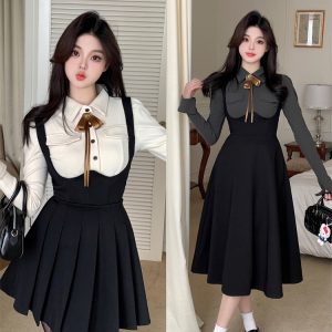 Plus Size Korean Drama Inspired Women's Long Sleeve Waist Cinch Shirt and Draped Suspender Dress Set Autumn Outfit