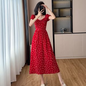 2025 New French Red Polka Dot Dress Summer Women's Unique Beautiful Waist-Slimming Long Dress