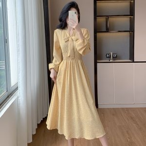 Women's Chiffon Floral Midi Dress Long Sleeve A-Line