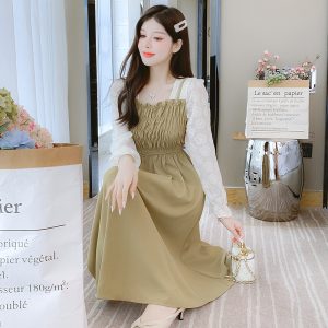 Elegant Long Sleeve A-Line Dress for Women 2025 Fall Fake Two-Piece Waist-Cinching Midi Dress