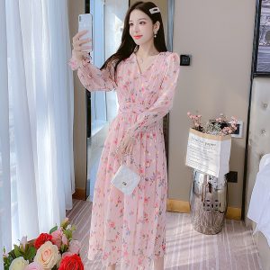Floral Chiffon Dress Women's 2025 New High-End French Style Long Sleeve Petite