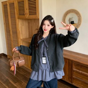 Preppy Style Women's Two-Piece Set with Shirt and Woolen Coat - Style e07ef6
