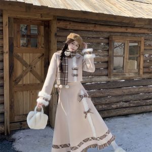 Sweet Plaid Patchwork Wool Blend Scarf Coat Long Dress Set for Women Autumn 2025