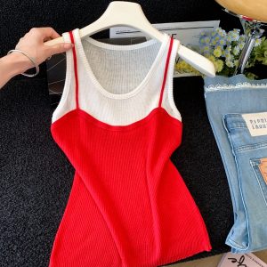 Women Faux Two Piece U Neck Camisole Tank Top Slimming Summer New