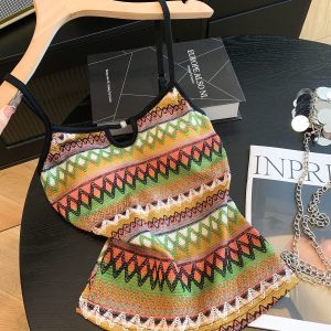 Sweet Cool Boho Knit Camisole Tank Top for Women Retro Color Block Striped Vacation Wear