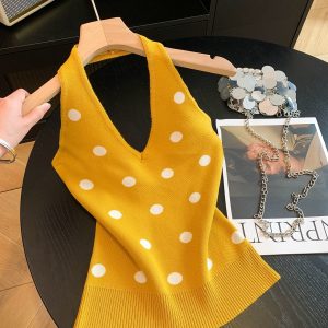 Women's Yellow Polka Dot Halter Knit Cami Top V-Neck Sleeveless Slim Fit Summer Outerwear