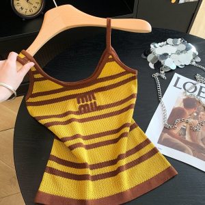 Women's Color Block Striped Knit Camisole Tank Top Summer Short Slimming Top