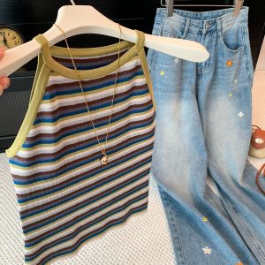 Korean Retro Color Block Striped Camisole Tank Top Women 2026 Summer Slimming Sleeveless Outerwear