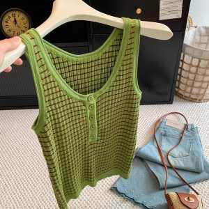 Women's Color Block Striped Knit Tank Top Sleeveless Button Decor Summer Vacation Outfit