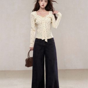 Women's Bow Square Neck Polka Dot Slim Fit Long Sleeve T-Shirt