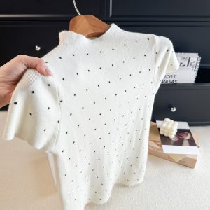 Polka Dot Half Turtleneck Short Sleeve Knit Top for Women Fall 2026 Slimming Base Layer