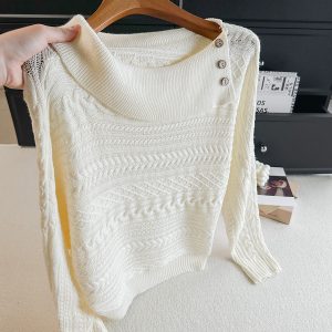 Korean Style One-Shoulder Button Knit Sweater Women 2026 Fall New Slimming Versatile Top