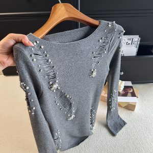Women's Gray Beaded Distressed Knit Sweater 2026 Fall Irregular French Waist Top