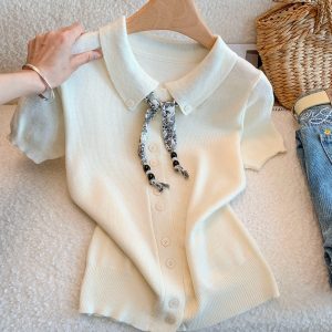 2026 Summer Women's Lazy Style Polo Collar Short Sleeve Knit Cardigan Top with Tie