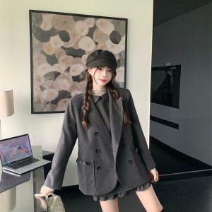 3-Piece Polka Dot Dress and Gray Woolen Coat Set for Women