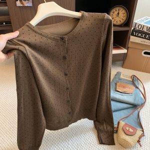Korean Polka Dot Round Neck Knit Cardigan Women 2026 Fall Long Sleeve Single Breasted Slimming High End Sweater
