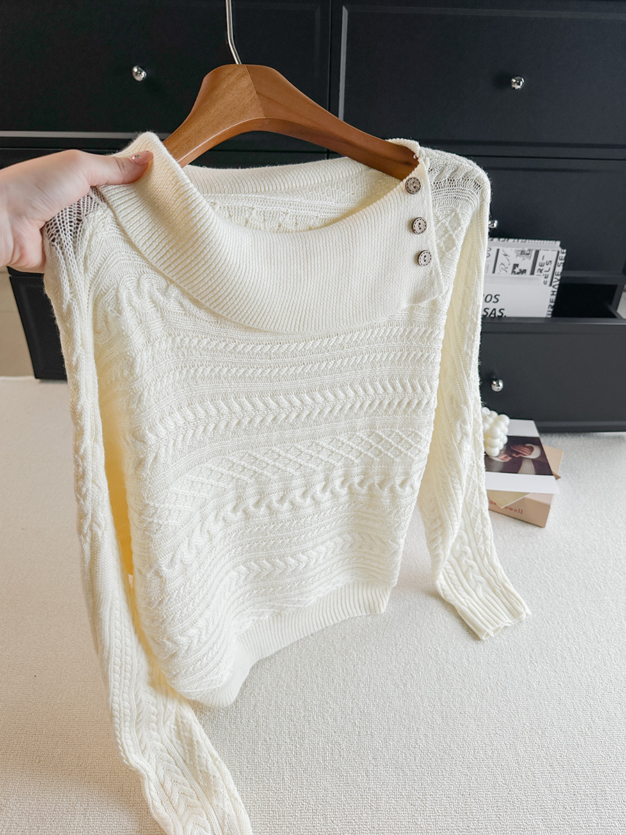 Korean Style One-Shoulder Button Knit Sweater Women 2026 Fall New Slimming Versatile Top