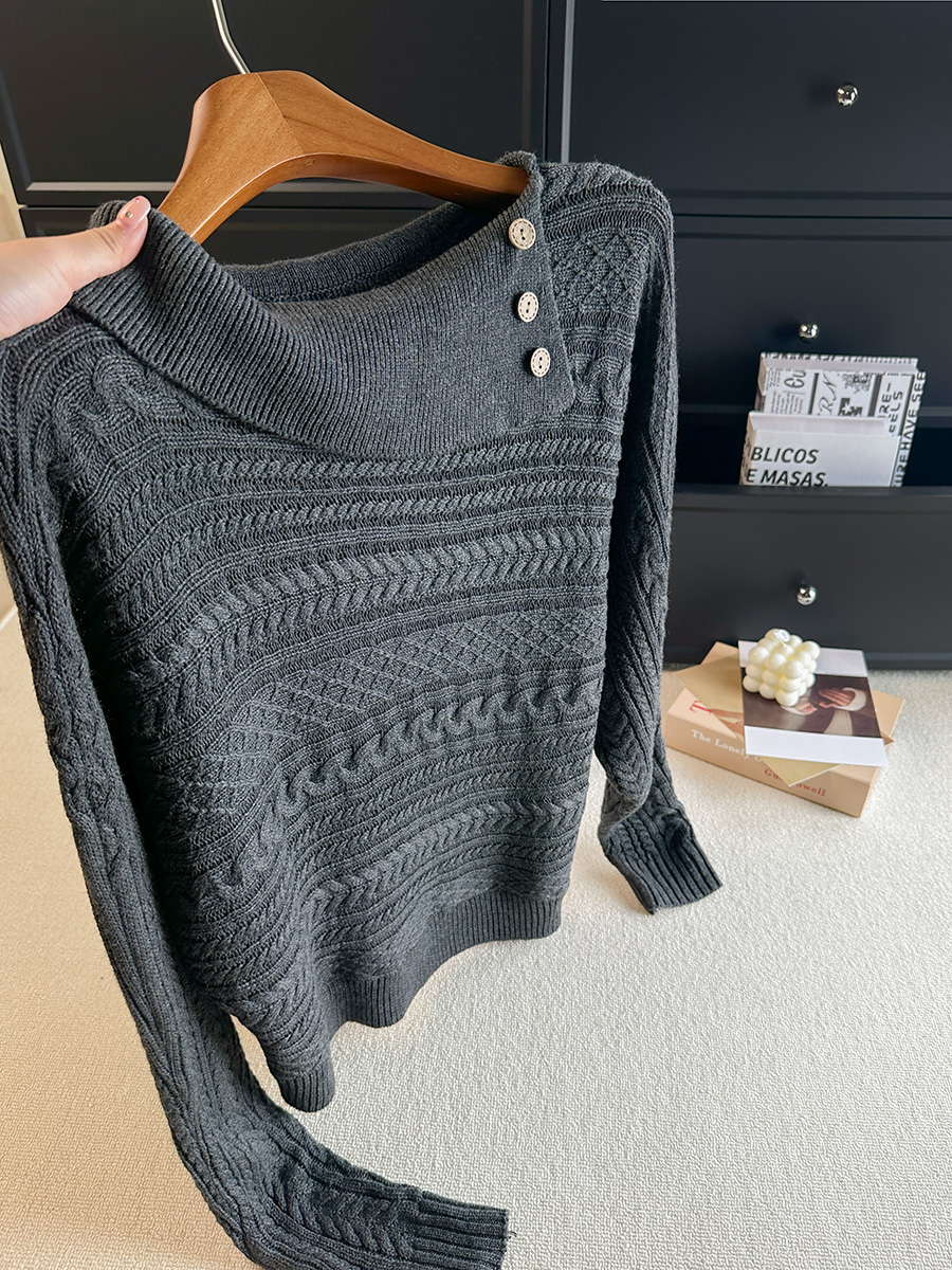 Korean Style One-Shoulder Button Knit Sweater Women 2026 Fall New Slimming Versatile Top - Image 2