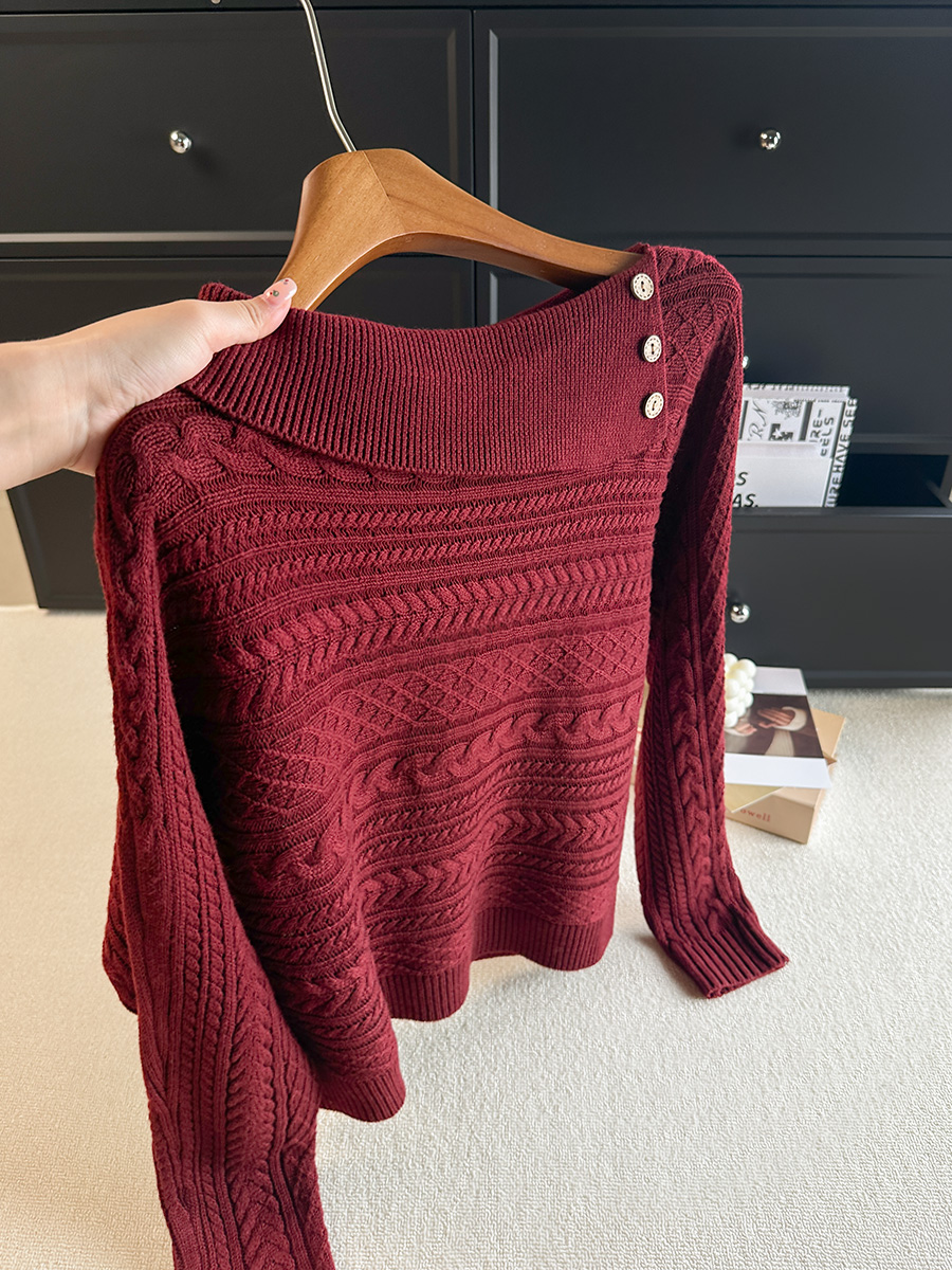 Korean Style One-Shoulder Button Knit Sweater Women 2026 Fall New Slimming Versatile Top - Image 3