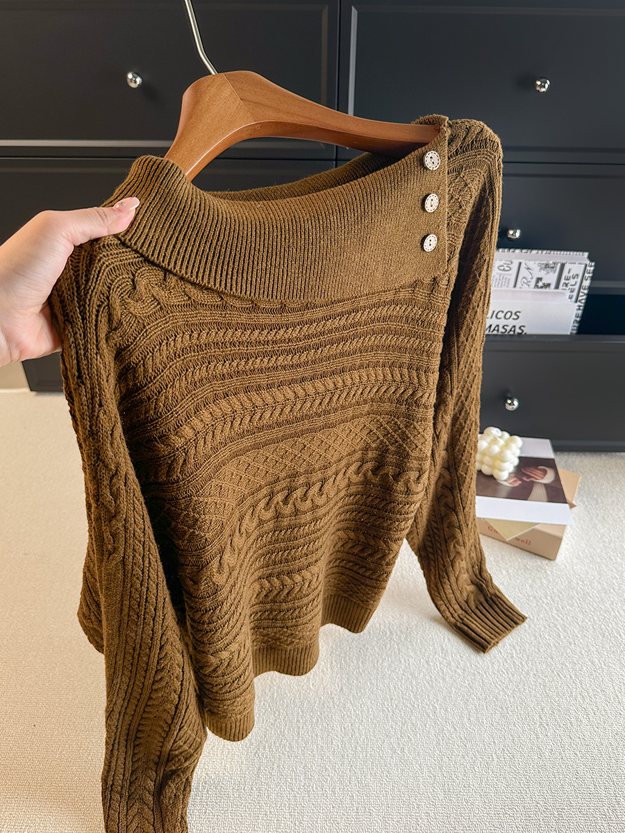 Korean Style One-Shoulder Button Knit Sweater Women 2026 Fall New Slimming Versatile Top - Image 4