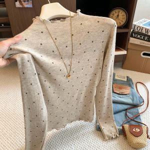 Korean Style Polka Dot Half Turtleneck Ruffle Trim Slim Fit Knit Top for Women Fall Winter Commute Long Sleeve Base Layer