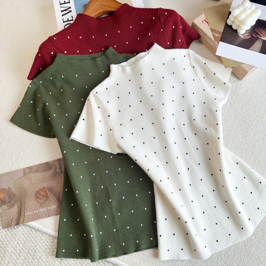 Polka Dot Half Turtleneck Short Sleeve Knit Top for Women Fall 2026 Slimming Base Layer - Image 5