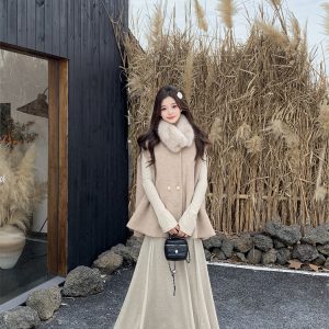 Women's 3-Piece Knit Dress and Cape Set with Fur Collar