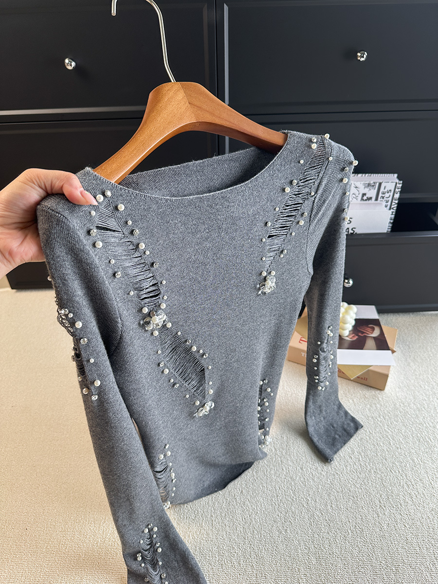 Women's Gray Beaded Distressed Knit Sweater 2026 Fall Irregular French Waist Top