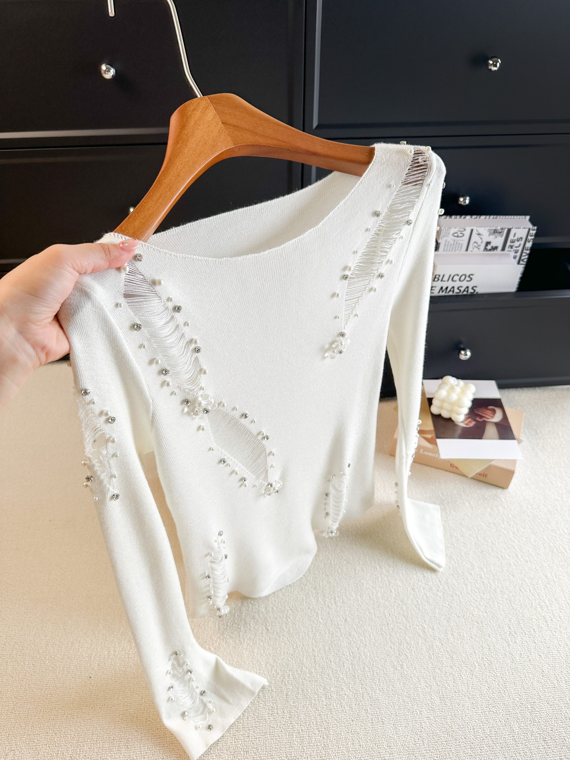 Women's Gray Beaded Distressed Knit Sweater 2026 Fall Irregular French Waist Top - Image 2