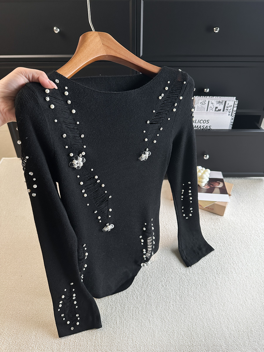 Women's Gray Beaded Distressed Knit Sweater 2026 Fall Irregular French Waist Top - Image 3