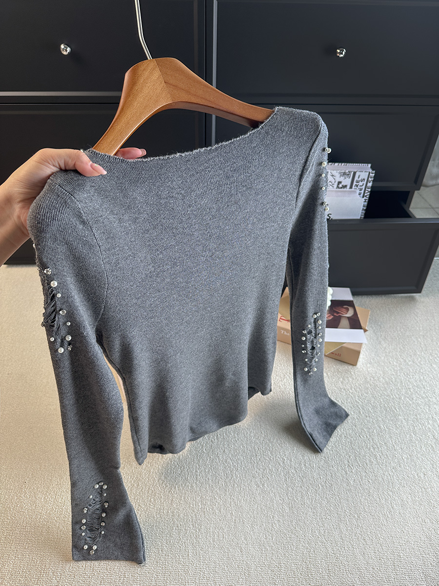 Women's Gray Beaded Distressed Knit Sweater 2026 Fall Irregular French Waist Top - Image 4