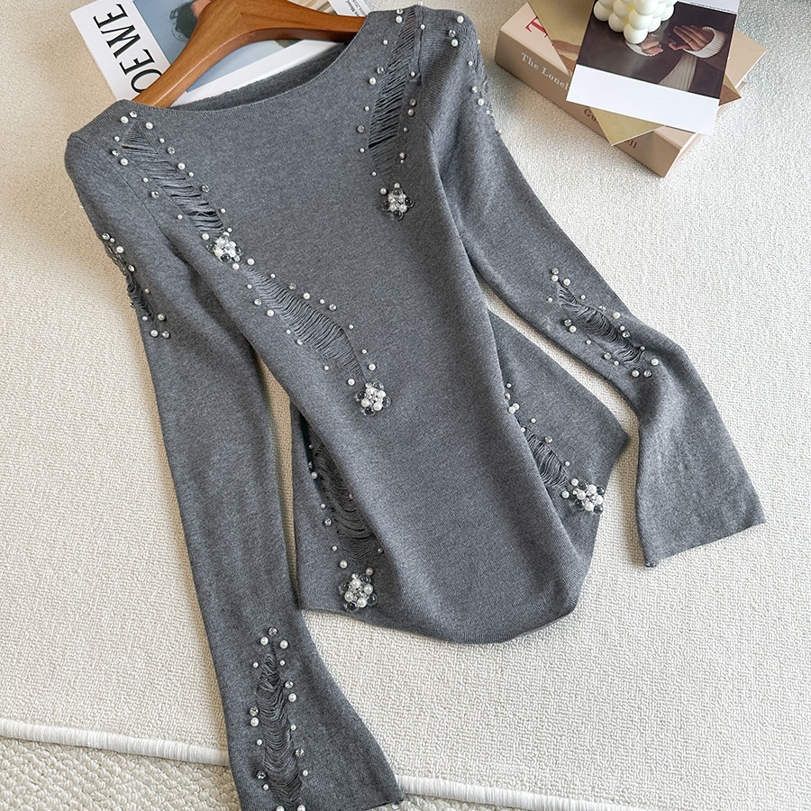 Women's Gray Beaded Distressed Knit Sweater 2026 Fall Irregular French Waist Top - Image 5