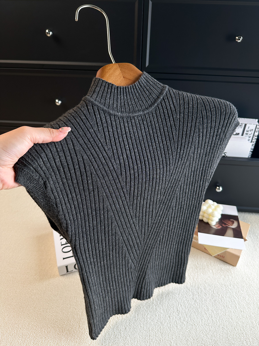 Women's Half Turtleneck Sleeveless Knit Sweater 2026 Fall Korean Minimalist Ribbed Pullover